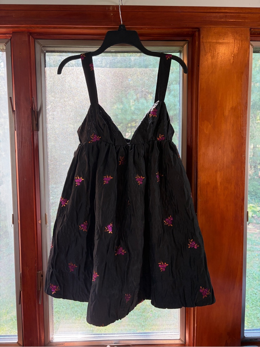 For Love & Lemons Black Mini Dress with Pink & Gold Floral Embroidery